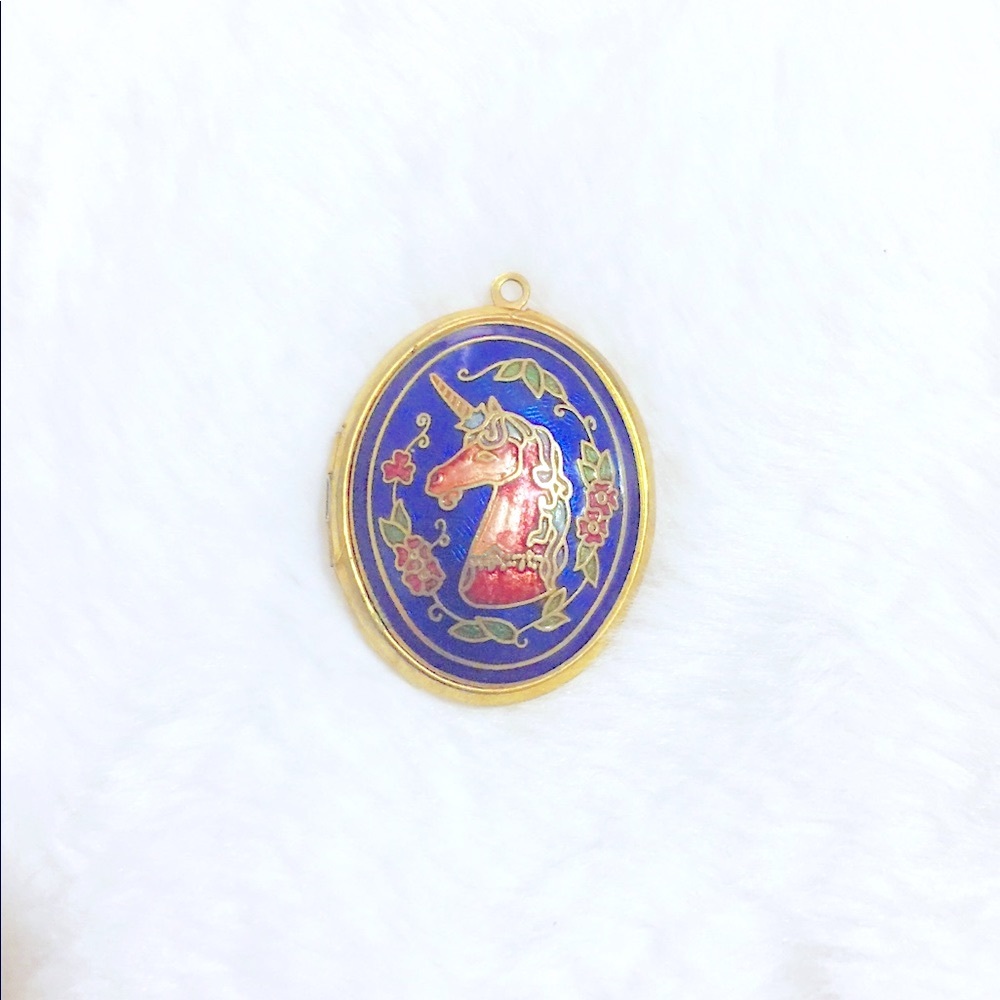 HP✨RARE Antique1970’s Cloisonné Jewelry Set, Mystical Unicorn Locket+Earring Set